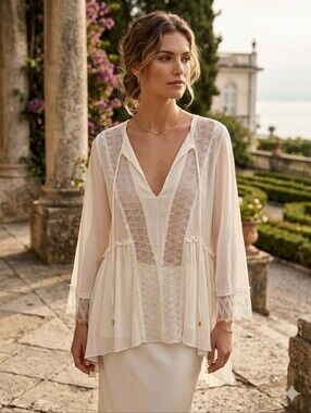 Alberta Ferretti Silk Sheer Romantic Boho Lace Blouse